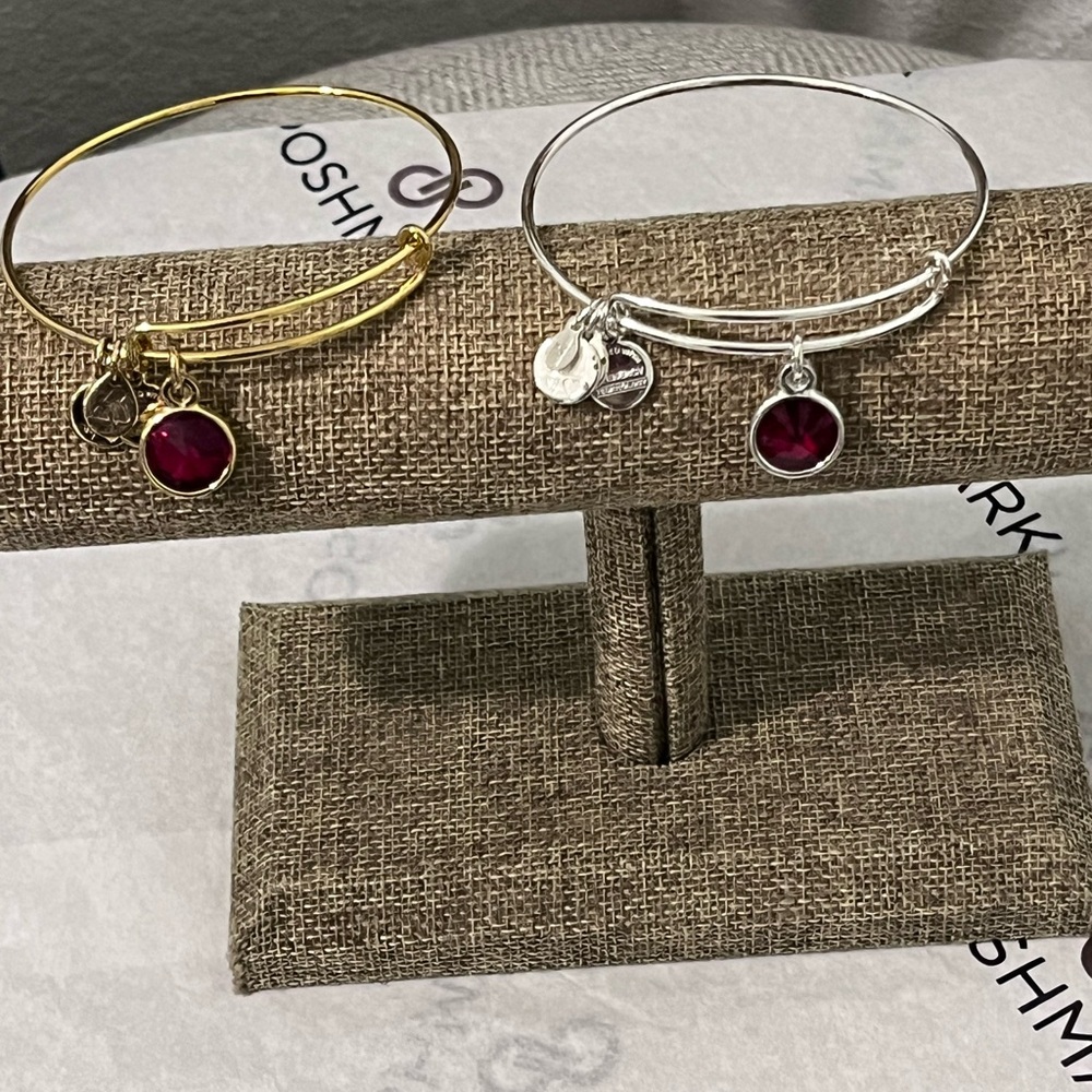 ALEX & ANI PRE-LOVED AUTHENTIC GOLD & SILVER SHINY AMETHYST BANGLE BRACELETS.